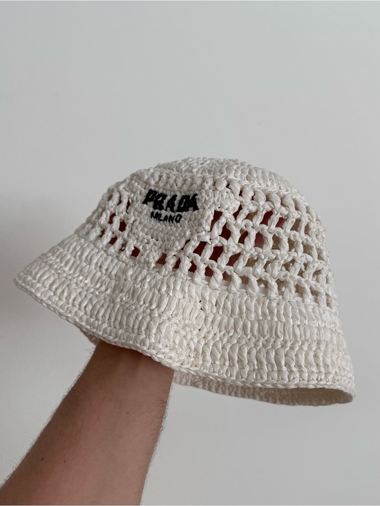 PRADA Raffia White Crochet Bucket Hat - White - Medium - ? AUTHENTIC main image 4